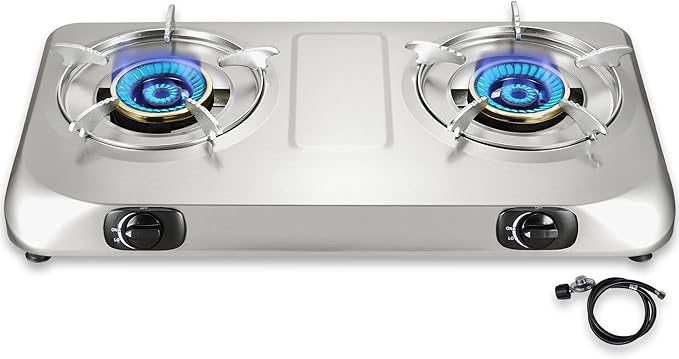 Propane Stove 2 Burner Gas Stove Top, 27200 BTU High-Efficiency LPG Metal Cooktop With Auto Ignition, CSA Regulator and Hose, Perfect for Outdoor Kitchen, Camping, RV & Emergency Cooking