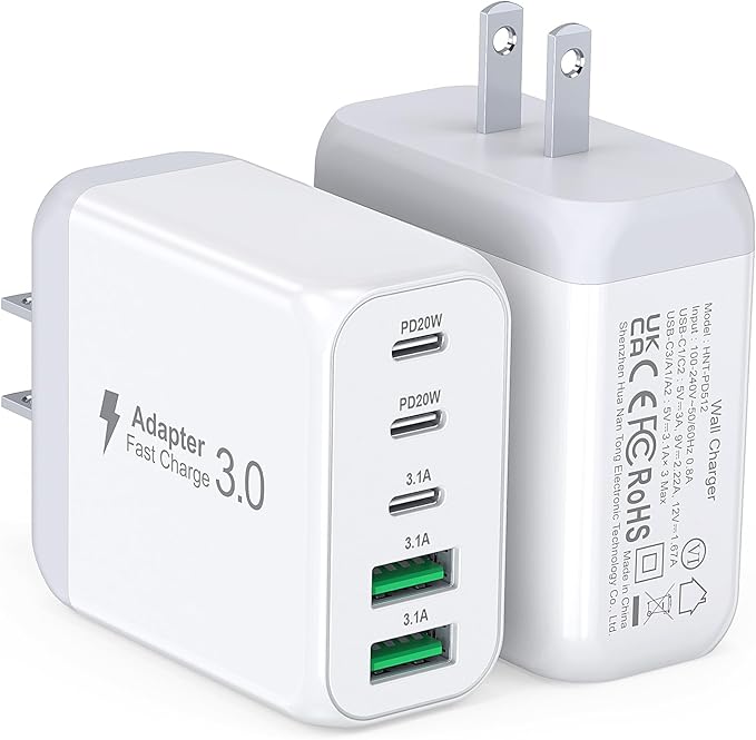 50W USB C Wall Charger Block, 2Pack 5-Port C Charger Fast Charging Block Dual PD Power Adapter&QC 3.0 Wall Plug Multiport Type C Charging Cube Brick for iPhone 16/15/14/13/12 Pro Max, iPad,Samsung
