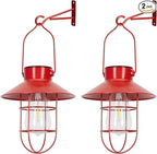 Solar Lanterns Outdoor Christmas Metal Solar Powered Hanging Lights Waterproof for Wall Barn Yard Garden Patio Garage Balcony Porch Fence Decor, Warm White Edison Bulb (Red-2pack)