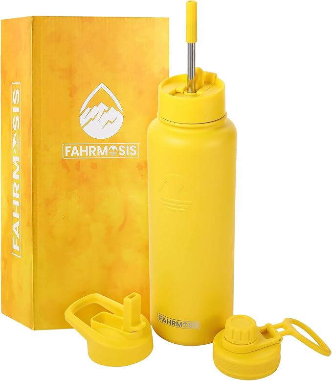 40 Oz Water Bottle with Straw Stainless Steel Sports Water Bottle with 3 Lids (Straw, Chug and Flip Lid) Insulated Leak Proof Metal Jug for Men & Women - Yellow