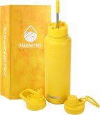 40 Oz Water Bottle with Straw Stainless Steel Sports Water Bottle with 3 Lids (Straw, Chug and Flip Lid) Insulated Leak Proof Metal Jug for Men & Women - Yellow