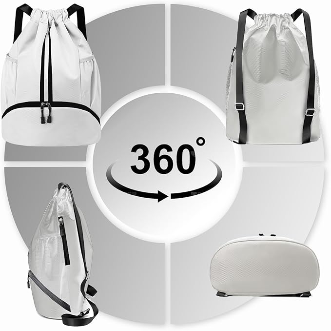 Hoedia Sports Drawstring Backpack - String Swim Gym Bag with Shoes Compartment and Wet Proof Pocket for Women/Men (White)