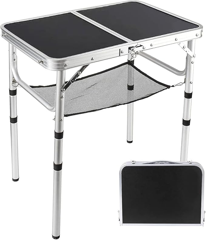 Small Folding Table 2 Foot, Portable Camping Table with Mesh Holders,Lightweight Aluminum Adjustable Height, with Carry Handle for Camping Picnic Indoor Outdoor, White 24 x 16 inch (Black