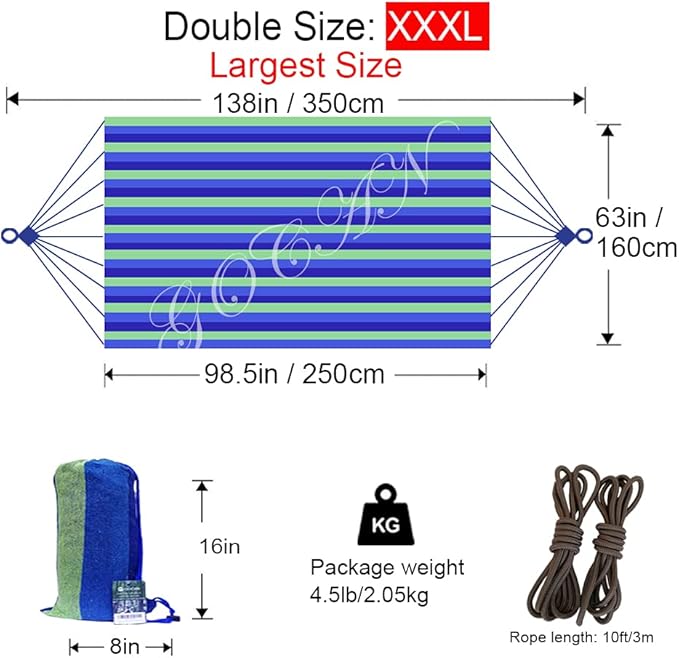 Brazilian Double Hammock 2 Person Extra Large Canvas 250x160cm Total Length 350cm Load 500lb Cotton Hammock for Garden Outdoor and Indoor Blue/Green(98 * 65'')