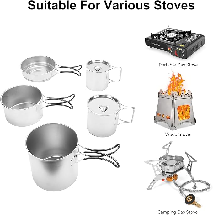 5PCS Stainless Steel Camping Cooking Set Cookware Mess Kit Cook Pots and Pan Set with Cups & Storage Bag, Lightweight Camping Cookware for Hiking Backpacking Outdoor Cooking and