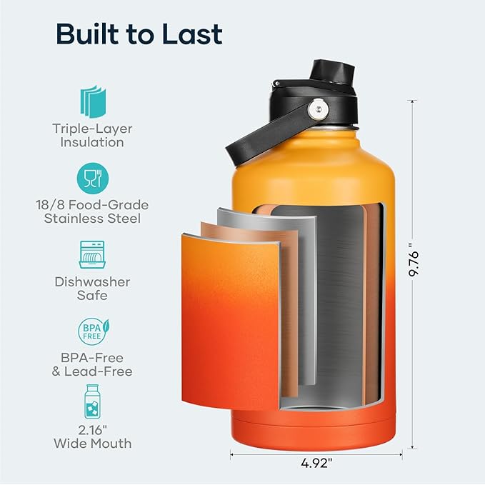 BUZIO 64oz Water Bottle, (Cold for 48 Hrs) Triple Wall Insulated Stainless Steel Leakproof Half gallon Jug/Flask with Straw Lid and Carry Bag for Sports Hiking, Camping, Yellow Orange