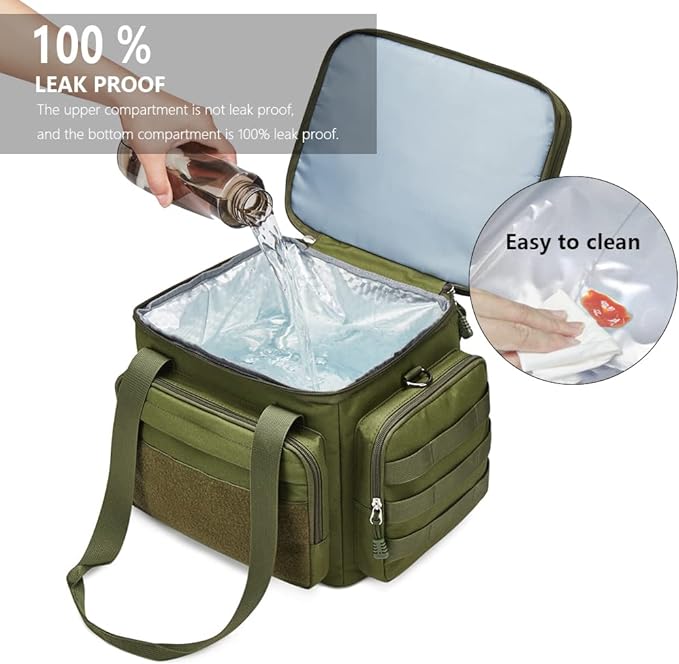 Tactical Lunch Box for Men, Insulated Lunch Bag Adult, Thermal Lunchbox Leakproof Waterproof Cooler Bag, Dual Compartment Lunch tote, Large Lunch Pail for Work Office Travel(Green) 15L