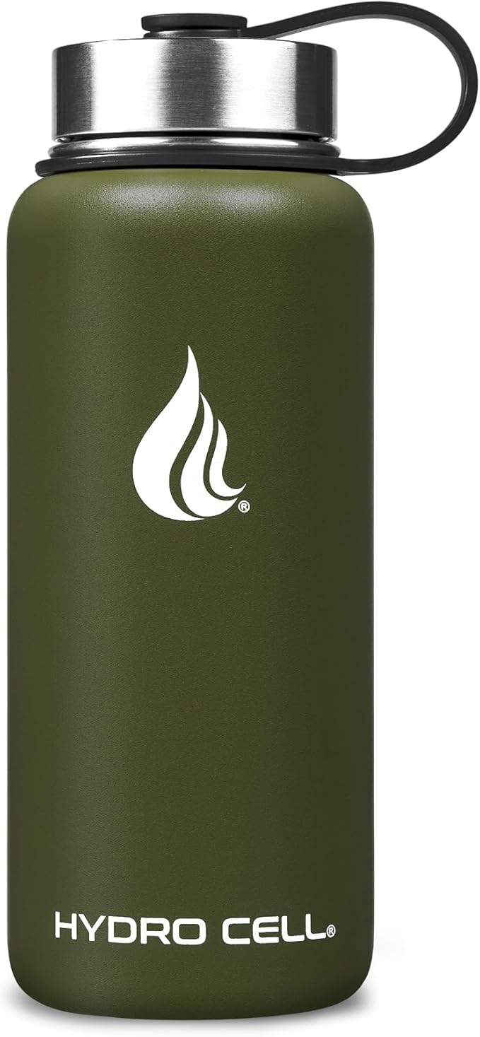 HYDRO CELL Stainless Steel Insulated Water Bottle with Straw - For Cold & Hot Drinks - Metal Vacuum Flask with Screw Cap and Modern Leakproof Sport Thermos for Adults (Army 32oz)