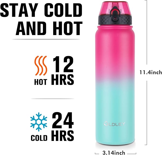 Oldley Insulated Water Bottle 32oz Water Bottles with Straw, Stainless Steel Water Bottle with 3 Lids, Double Wall Vacuum Bottles for Adult, Leak-proof Sports Bottles for School Travel, Rose Red-Green