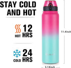 Oldley Insulated Water Bottle 32oz Water Bottles with Straw, Stainless Steel Water Bottle with 3 Lids, Double Wall Vacuum Bottles for Adult, Leak-proof Sports Bottles for School Travel, Rose Red-Green