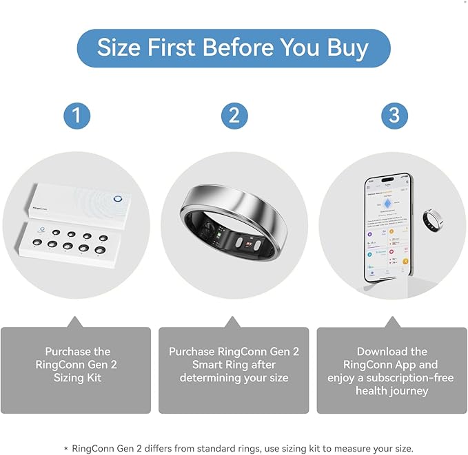 RingConn Gen 2, World’s First Smart Ring with Sleep Apnea Monitoring, No APP Subscription, 12-Day Battery Life, Stress/Heart Rate/Women's Health Tracker, Android & iOS Compatible (Silver, Size 8)