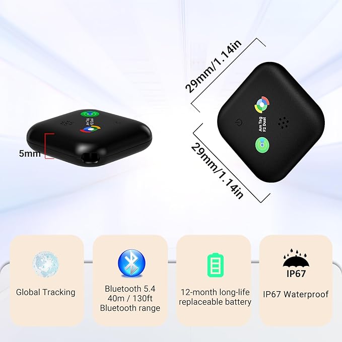 Dual-System Compatible Bluetooth Tracker for iOS or Android Key Finder, Item Locator, Smart Luggage Tracker, Pet Tracker Works with Apple Find My or Google Find Hub IP67 Waterproof Rating (2-Pack)