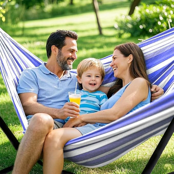 Double Hammock, Heavy Duty Portable, 500 lb Weight Capacity, Perfect for Both Indoors and Outdoors, 2 Person Hammock with Carrying Bag, Blue White