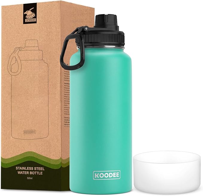 koodee Insulated Water Bottle, 32 oz Stainless Steel Double Wall Vacuum Wide Mouth Sport Bottle with Leakproof Spout Lid (Teal)