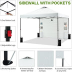 10'x10' Pop Up Canopy Tent with 1 Sidewall and 6 Pockets, One Push Setup, Instant Shade Tent with Vented Roof for Beach Patio Outdoor, Case, 8 Stakes, 4 Ropes, 4 Sandbags (White)