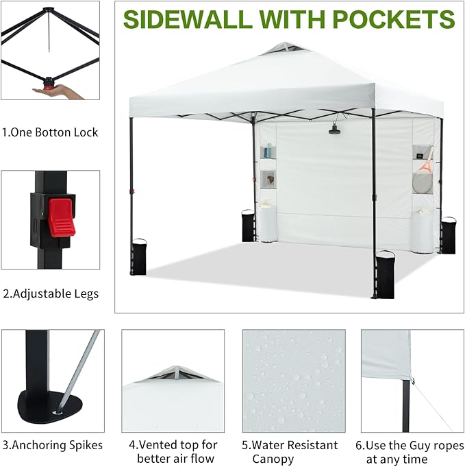 10'x10' Pop Up Canopy Tent with 1 Sidewall and 6 Pockets, One Push Setup, Instant Shade Tent with Vented Roof for Beach Patio Outdoor, Case, 8 Stakes, 4 Ropes, 4 Sandbags (White)