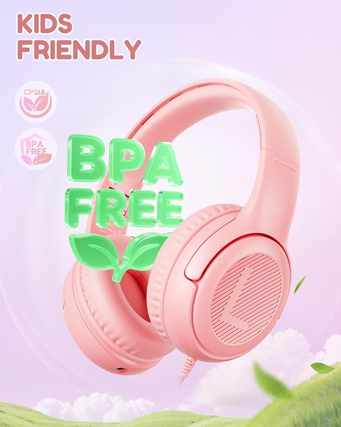 Kids Headphones with Microphone Foldable Stereo Tangle-Free 3.5mm Jack Wired Cord On-Ear Headset for Children/Teens/Boys/Girls/Smartphones/School/Kindle/Airplane Travel/Plane/Tablet (Pink)