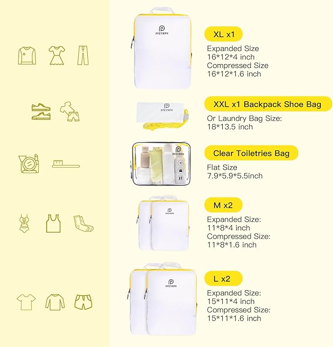 Lightweight Compression Packing Cubes for Suitcases, Compressible Expandable Travel Packing Organizer with Clear Toiletries and Backpack Bag, Travel Essentials for Carry on Luggage 7 Set