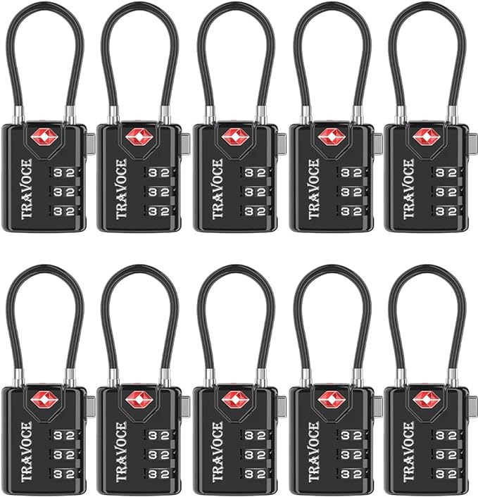 TRAVOCE TSA Approved Luggage Locks - Heavy Duty 3 Digit Combination Cable Lock, Search Alert for Suitcases, Backpacks, Golf Bags, Tents, Violin and Camera Cases, 10 Pack, Black