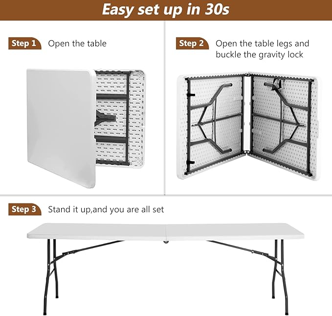 FDW Folding Half Portable Foldable Table for Parties Backyard Events (White, 6 FT 70 * 29) (White, 8 FT)