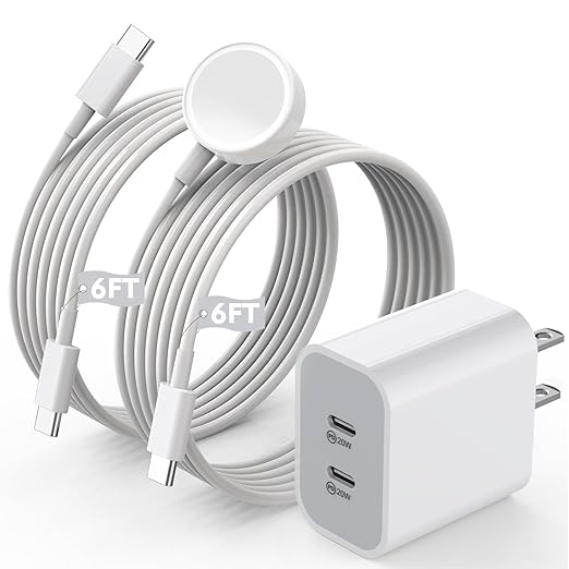 Super Fast Charger for Apple Watch & iPhone, 40W Dual USB C Port Fast Charger Adapter with 6 FT Long Apple iWatch Cable, 6 FT USB C to C Cord Compatible with Apple Watch Series 9/8/7/SE/6/5, iPhone 15