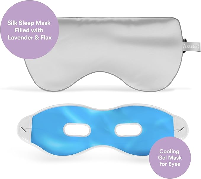 ASUTRA Silk Eye Pillow for Sleep, Silver - Filled w/Lavender Buds & Flax Seeds, Weighted Eye Mask, Meditation & Light Blocking Blindfold, Cooling Gel Mask Included