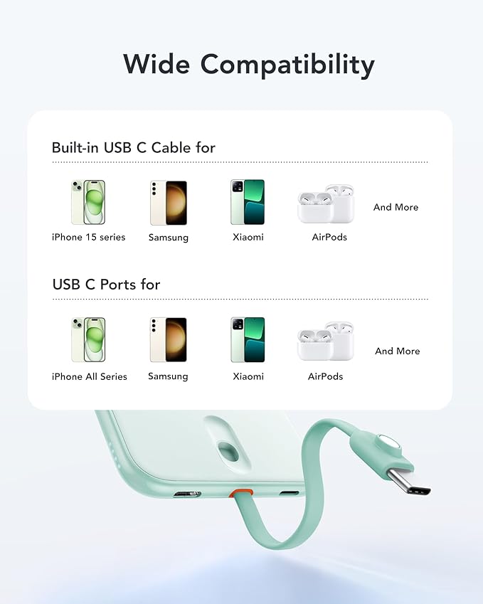 VEEKTOMX Slim Portable Charger, 5000mAh Lightweight Power Bank with Wired USB C Cable, Ultra Thin Battery Pack Compatible with iPhone 15/Plus/Pro/Pro Max/Samsung/Android(Non-Wireless Charging), Blue