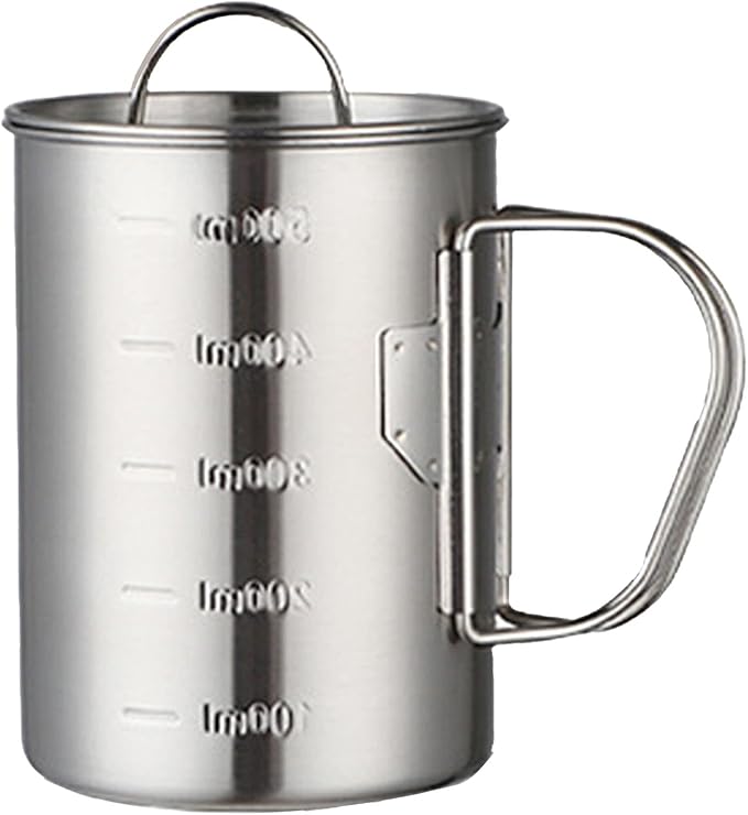Stainless Steel Camping Cup, 17oz Fireproof Metal Cup with Lid and Foldable Handle, High Temperature Direct Heating, Great for Backpacking