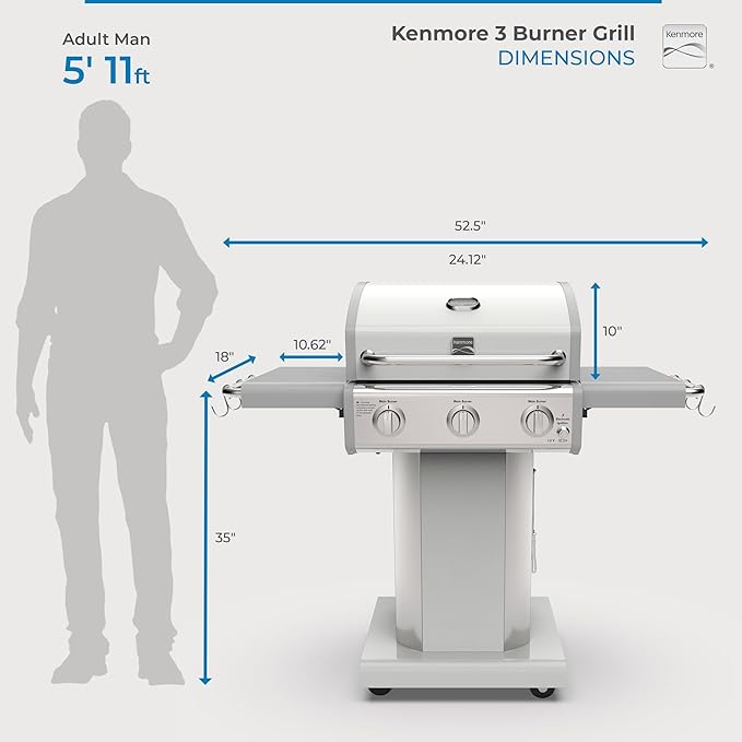 Kenmore 3-Burner Outdoor BBQ Grill | Liquid Propane Barbecue Gas Grill with Folding Sides, PG-A4030400LD-PE, Pedestal Grill with Wheels, 30000 BTU, Pearl White