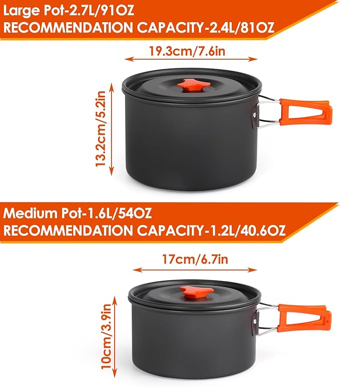 Gutsdoor Camping Cookware Set Camping Gear Campfire Utensils Non-Stick Cooking Equipment Lightweight Stackable Pot Pan Bowls with Storage Bag for Outdoor Hiking