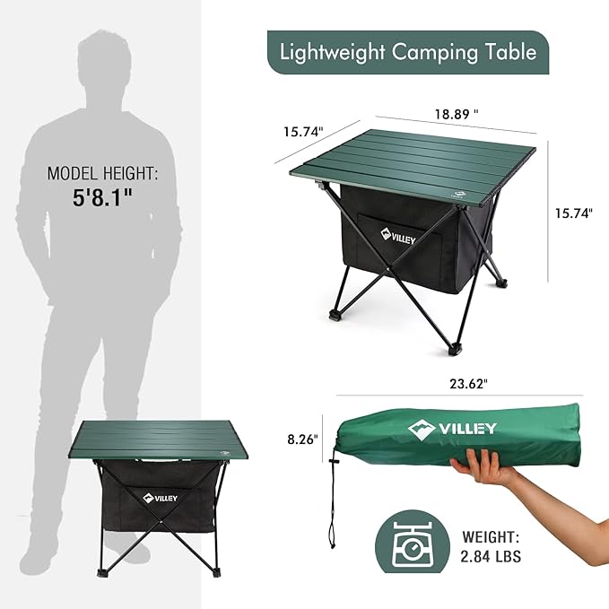 VILLEY Portable Camping Side Table, Ultralight Aluminum Folding Beach Table with Carry Bag for Outdoor Cooking, Picnic, Camp, Boat, Travel