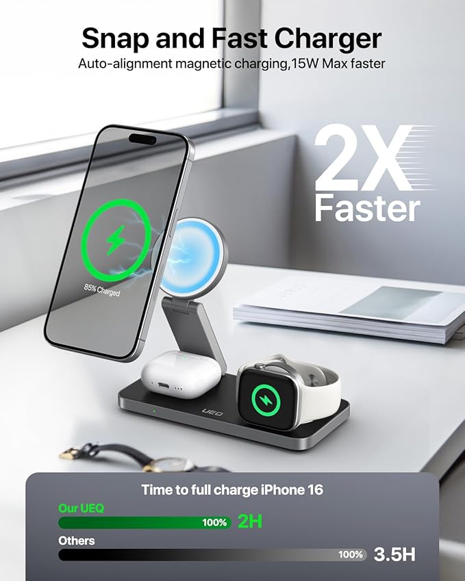 Foldable 3 in 1 Wireless Charging Station for Apple Compatible with Magsafe Charger Stand,Magnetic Wireless Charger Station for iPhone 17 Air16 15 14 13 12 Series,Airpods Pro,Apple Watch(Black)
