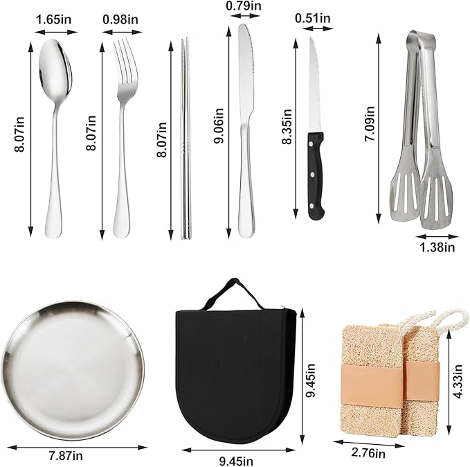 Camping Cutlery Set, 12-Piece Stainless Steel with Plates and Case, Portable Outdoor Dining Kit, Silver