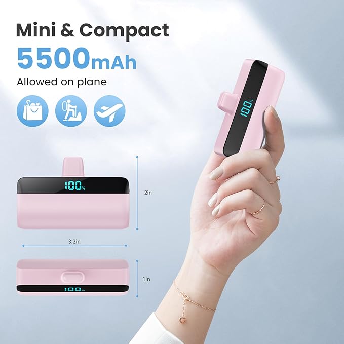 [2 Packs] Small Portable Charger 5500mAh for iPhone 15/16,LCD Display 15W PD Fast Charging Power Bank,USB-C Connector,Mini Battery Pack Compatible with 16/16 Pro Max/15/15 Pro Max Android Galaxy etc
