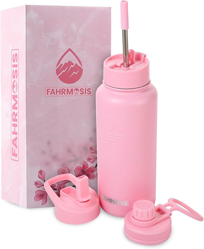 32 Oz Water Bottle with Straw Stainless Steel Sports Water Bottle with 3 Lids (Straw, Chug & Flip Lid) 1 Liter Leak Proof Insulated Metal Jug for Men & Women - Pink