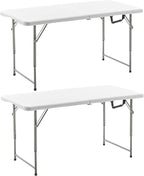 BTEXPERT Set of 2, 4 Feet Plastic Folding Table Height Adjustable Portable Carrying Handle Indoor Outdoor Picnic Camping Office Home Party, White, Fold in Half