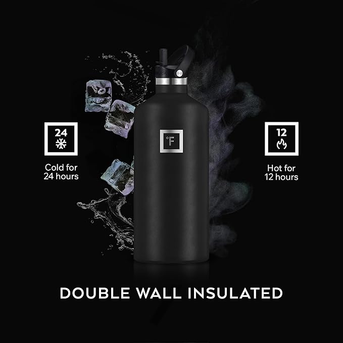 IRON °FLASK Camping & Hiking Hydration Canteens - 3 Lids (Narrow Straw Lid) Leak Proof Vacuum Insulated Stainless Steel - Hot & Cold Double Walled Sports Water Bottle - Fire, 64 Oz