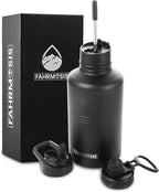 64 Oz Water Bottle with Straw Stainless Steel Sports Water Bottle with 3 Lids (Straw, Chug and Flip Lid) Leak Proof Metal Half Gallon Jug for Men & Women - Black