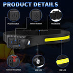 Headlamp Rechargeable 10Pack, 230° Wide Beam Head Lamp with 2 Spotlights, LED Headlamp with Motion Sensor, 5Mode Rechargeable Headlamp, Head Lights for Forehead, Headlamps for Adults Running Hard Hat