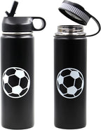 22 oz Soccer Water Bottle, Sports Flask Metal Thermo Travel Tumbler with 2 Lids, BPA Free 18/8 Stainless Steel Leak Proof Double Wall Vacuum Insulated Water Bottles, Soccer Gifts for Boys Girls Player