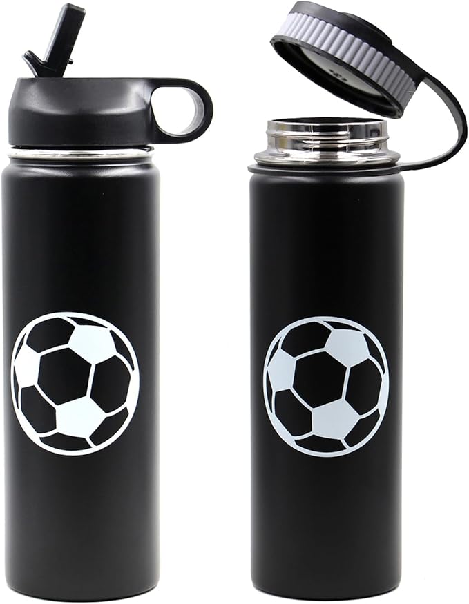 22 oz Soccer Water Bottle, Sports Flask Metal Thermo Travel Tumbler with 2 Lids, BPA Free 18/8 Stainless Steel Leak Proof Double Wall Vacuum Insulated Water Bottles, Soccer Gifts for Boys Girls Player