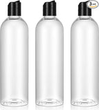 3 Pack 14 oz Clear Plastic Empty Bottles with Black Disc Top Caps Refillable Squeezable Trave Containers for Shampoo, Lotions, Creams