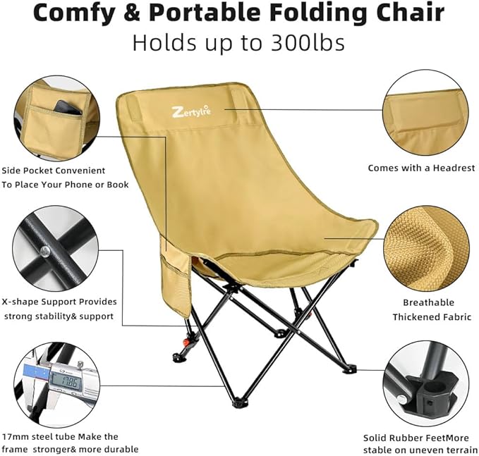 Camping Chair for Adults, Portable Adjustable Folding Chairs Set with Side Pockets for Outdoors Fishing, Hiking, Backpacking, Picnic, Beach, Travel, Supports to 300lbs, & Storage Bags (Khaki)