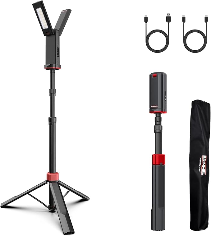 Rechargeable Work Light with Tripod Stand - 8000mAh 2200 Lumen Dual Head, 3000K/6400K IP54 Waterproof, Magnetic Base & Carry Bag for Construction/Camping, Aluminum, 61"