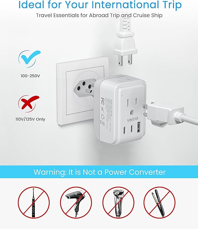 1 Pack Brazil Power Adapter, VINTAR Foldable Type N Plug Adapter with 2 AC Outlets 3 USB Ports (2 USB C), Brazil Outlet Plug for US to Brazilian