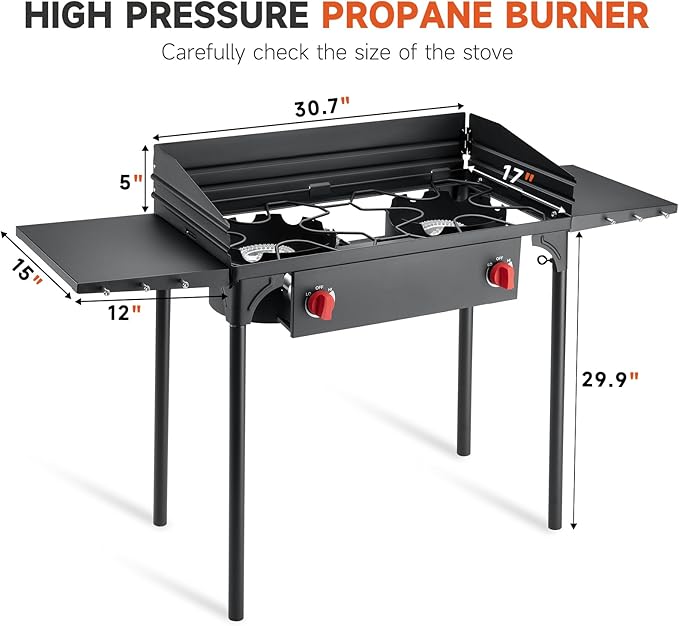 High Pressure Propane Stove, 2 Burner Outdoor Propane Burner with Windscreen ＆ Side Shelves, 150,000 BTU Gas Stove with 0-20 PSI Regulator for Camping, Backyard, Picnic, Outdoor Cooking