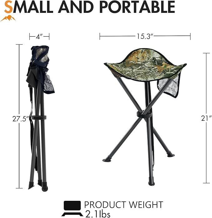 Portal Folding Camping Stool Portable Foldable Tripod Seat for Hiking Hunting Walking Fishing Travel Outdoors with Side Pockets Sturdy Steel Legs Support Up to 225 LBS