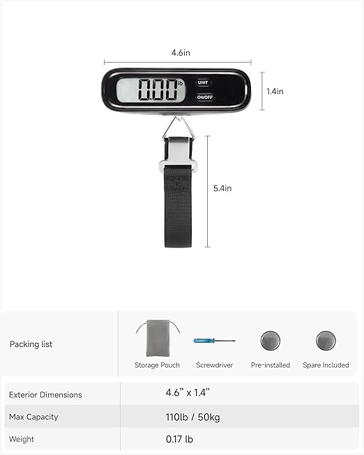 LUGGEX Luggage Weight Scale, Suitcase Scale, Luggage Scale Travel Digital, Travel Scale with Large LCD Display, Portable & Battery Included (Black, 1 Pack)