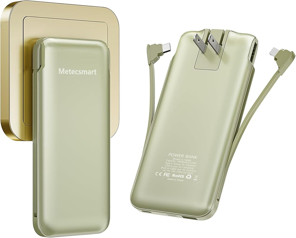 Portable Charger Power Bank with Built-in Cable & AC Plug, 10000mAh Fast USB-C Charger, Slim Mini Battery for iPhone 16/15/14/13/Pro/Max & All USB-C Devices