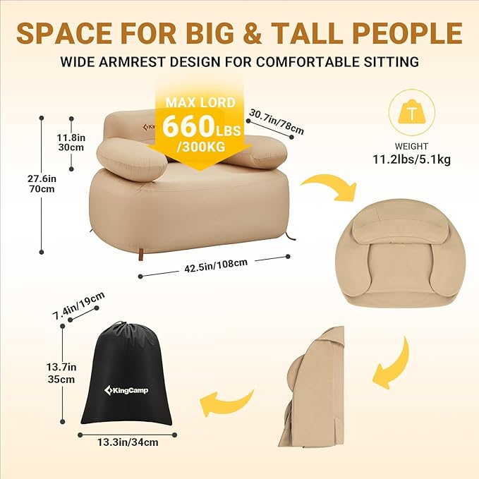 KingCamp Inflatable Couch for Camping, Portable Foldable Eco-Friendly Reach-Certified PVC Liner Air Lounger Blow Up Sofa with Foot Pump, Pegs, Repair Kit & Removable Cover